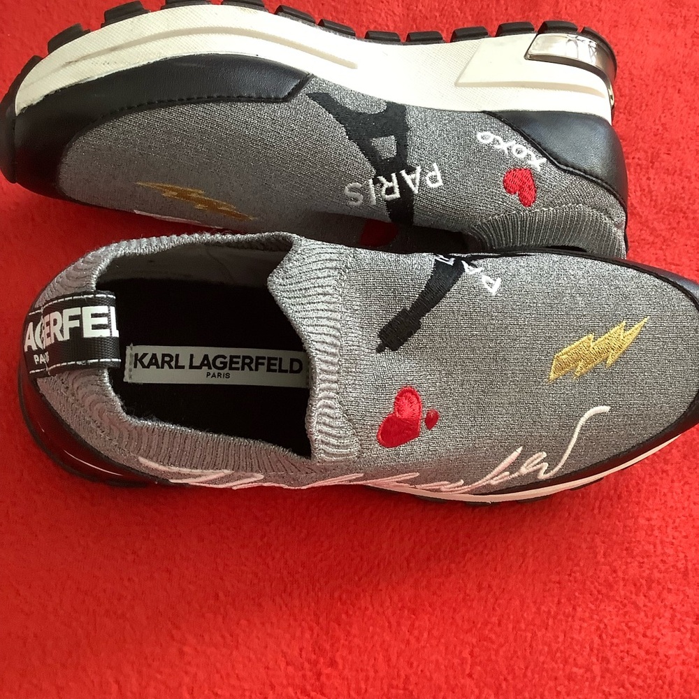 Karl Lagerfeld Paris Miranda Logo Knit Fabric Slip-On Platform Wedge SZ 8M - Picture 7 of 9